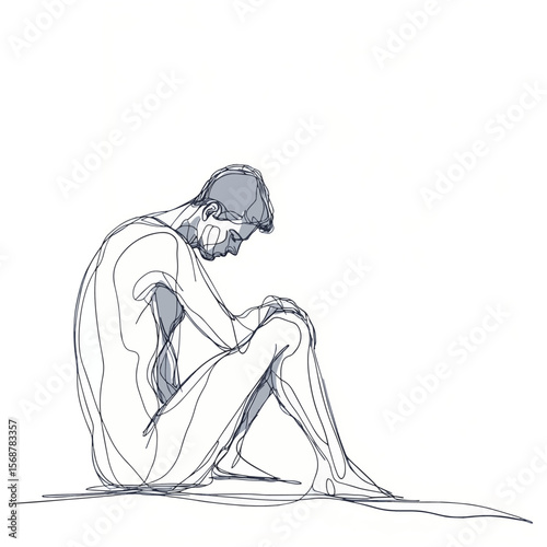 continuous line drawing of depressed man sitting, vector style simple color