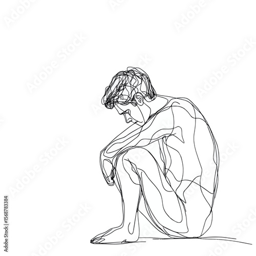 continuous line drawing of depressed man sitting, vector style simple color