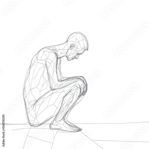 continuous line drawing of depressed man sitting, vector style simple color