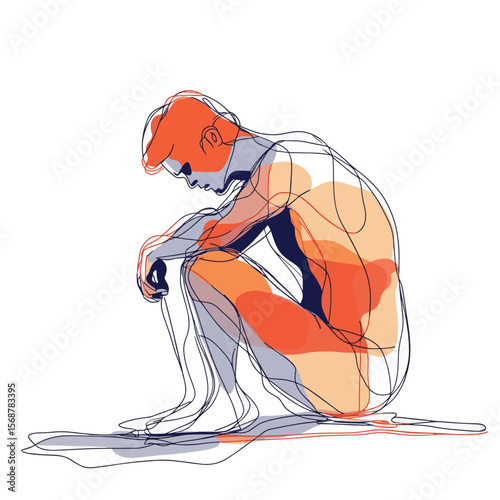 continuous line drawing of depressed man sitting, vector style simple color
