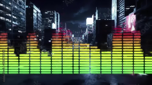 Colorful Audio Equalizer Bars Over Futuristic Cityscape Looping Background