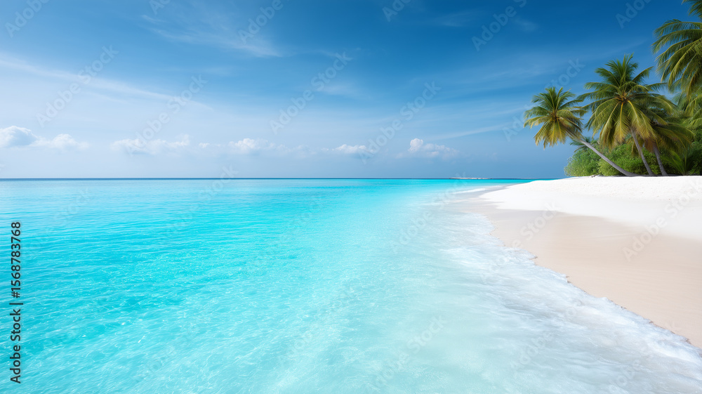 Fototapeta premium Tropical beach with clear turquoise water, white sand, and palm trees under bright blue sky with soft clouds, evoking calm and relaxation