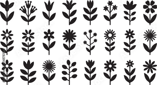 Collection of Twenty Four Black Silhouette Vector Flower and Plant Designs Simple Minimalist Floral Icons Botanical Elements for Graphic Design Projects
