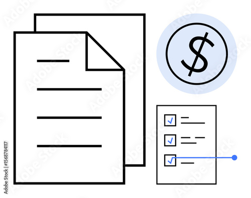 Financial paper with lines, checklist with marked items, and dollar sign in a circle. Ideal for budgeting, accounting, financial planning, organization, auditing, recordkeeping and productivity