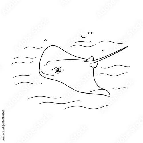 A stingray glides gracefully through water, surrounded by gentle currents and bubbles, illustrated in black-and-white line art.