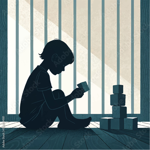 Child Playing with Blocks Silhouette: Solitary Play in Striped Light Vector