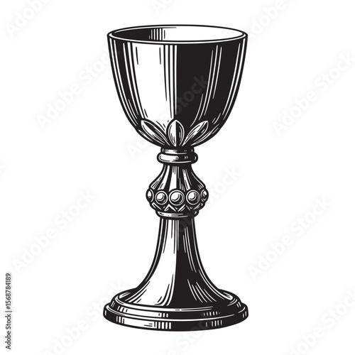 Detailed engraved illustration of an antique chalice in a classic vintage art style