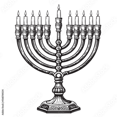 Detailed hand drawn illustration of a menorah with lit candles vintage art