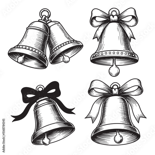 Detailed engraved vintage art illustrations of christmas bells with festive bows for holiday decoration