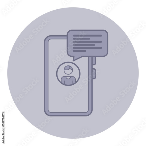 Simplified illustration of smartphone displaying contacts photo alongside speech bubble, highlighting digital communication. Connection in modern technology concept