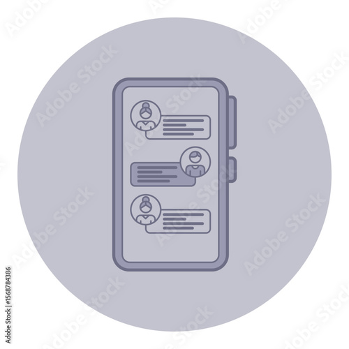 Mobile device with chat interface featuring multiple conversation threads over minimalistic background. Various user icons indicating active messaging