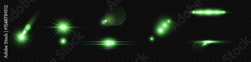 Light green effect reflections, neon illumination in white colors. Bright light lens. Police light effects, lines. Shiny stars, glowing sparks on a black background.