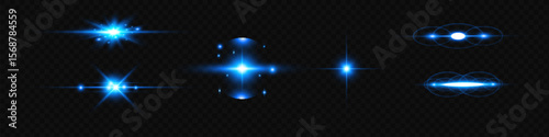 Light blue effect reflections, neon illumination in white colors. Bright light lens. Police light effects, lines. Shiny stars, glowing sparks on a black background