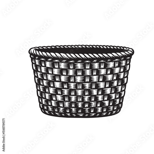 Detailed vintage art illustration of a woven basket in black and white suitable for design projects