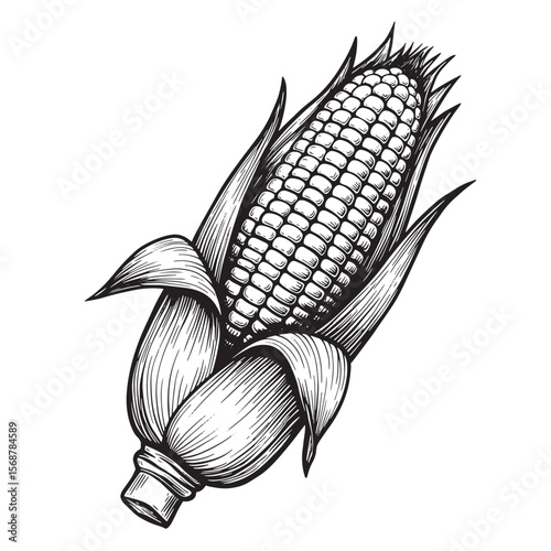 Detailed vintage art illustration of an ear of corn on the cob with leaves