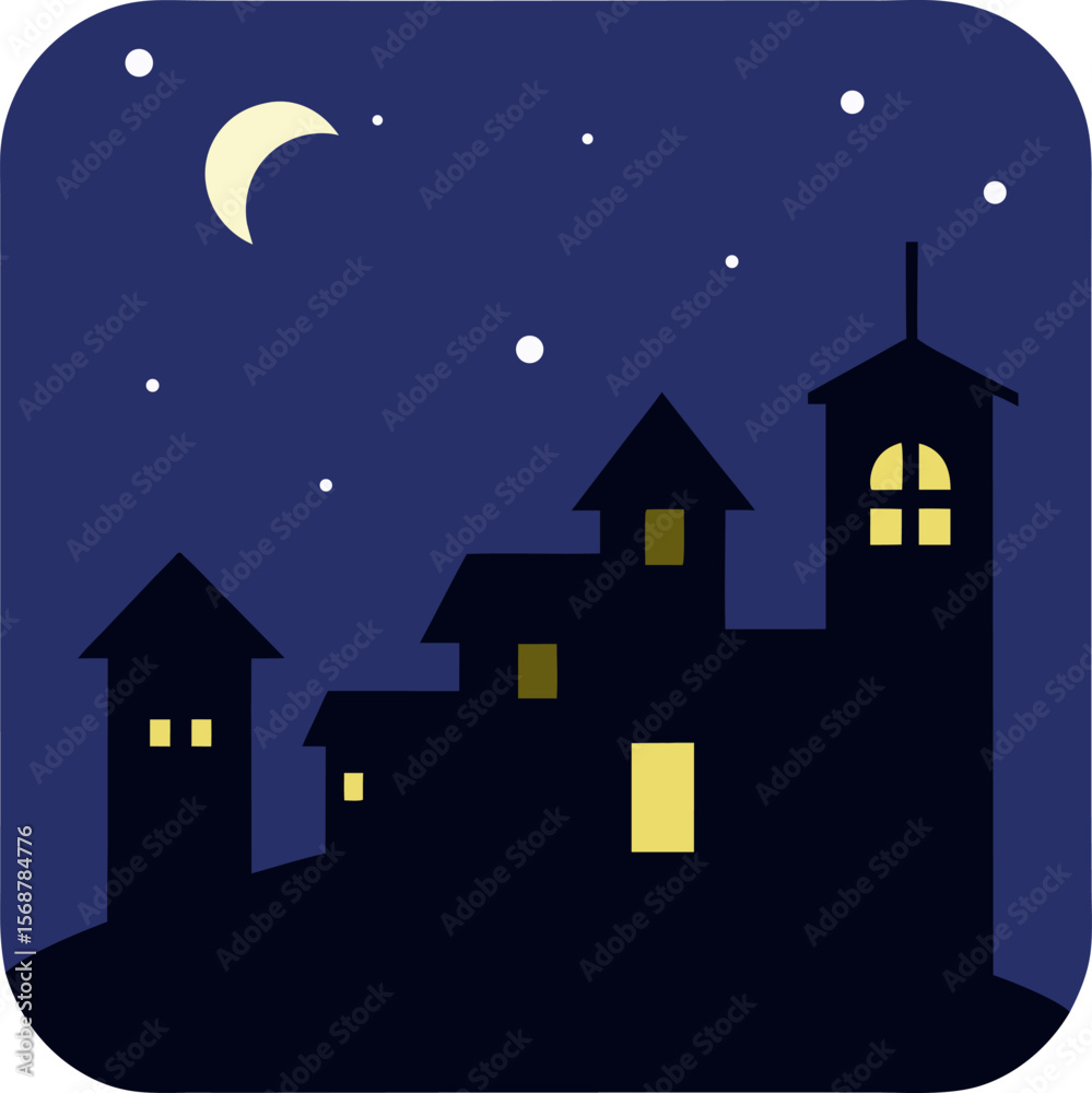 Fototapeta premium Silhouette of night cityscape with stars and home lights glowing, square vector with white background.