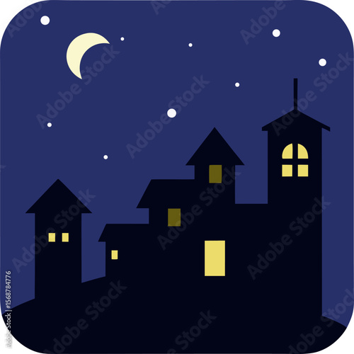 Silhouette of night cityscape with stars and home lights glowing, square vector with white background.