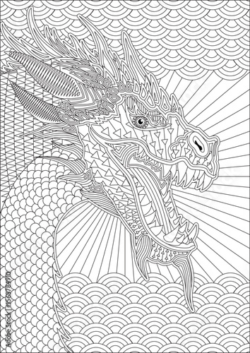 Dragon Coloring Page For Adult Line Art Vector