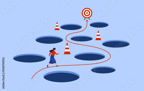 Avoid pitfall planning and obstacle avoidance concept. Business failure, skill and creativity to solve problem with many pitfalls to achieve business success vector