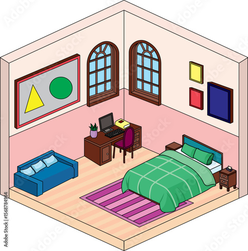 Isometric Bedroom Interior Design Vector