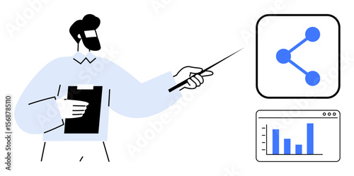 Man holds clipboard, uses pointer to explain growth chart and organizational network concept. Ideal for analytics, teamwork, data presentation, strategy, planning, education, simple landing page