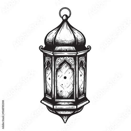 Elegant vintage art ink illustration of a traditional arabic lantern in black and white