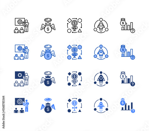 Startup Business icon sheet multiple style collection.  Mentoring, Angel investor, Business model, Lean, Venture capital.