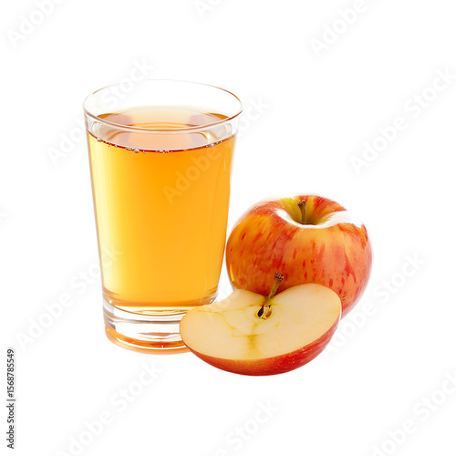 A refreshing glass of golden apple juice next to a whole red apple and a sliced apple isolated on transparent background