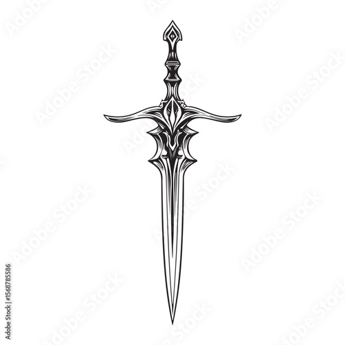 Silhouette of Dagger isolated on a white background, Intricately detailed engraved illustration of a vintage art silhouette dagger on a clean white background