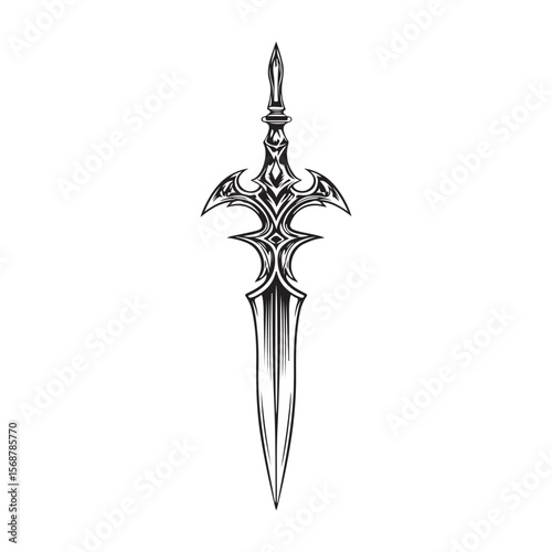 Silhouette of Dagger isolated on a white background, Intricately detailed engraved illustration of a vintage art silhouette dagger on a clean white background