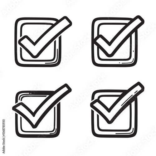 Hand drawn check marks in boxes vintage art design elements set on white background