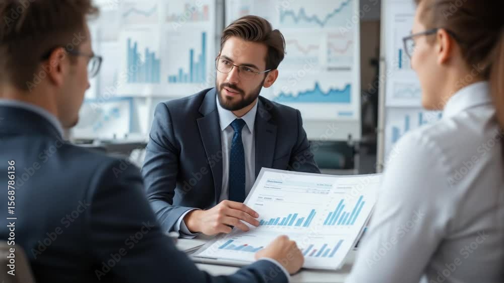 Business Meeting: Professionals Discussing Financial Data Analysis and Strategic Planning Business Meeting: Professionals Discussing Financial Data Analysis and Strategic Planning