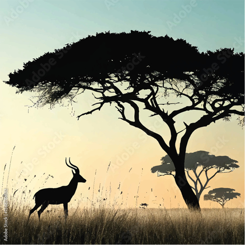 African Savanna Silhouette: Gazelle and Acacia Trees at Dawn/Dusk Vector