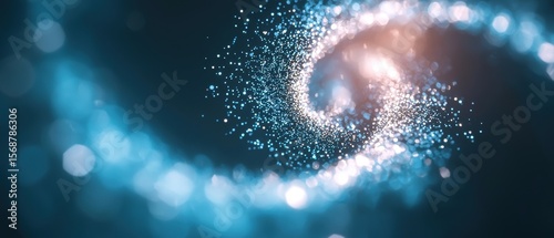Abstract swirl of glowing blue and white particles forming a vortex against a dark background.