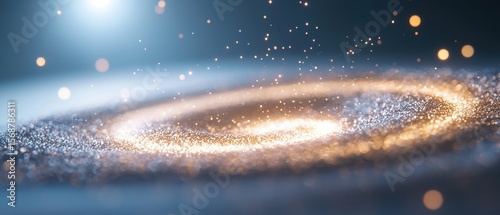 A glowing spiral of sparkling particles resembling a galaxy, set against a soft, cosmic background.