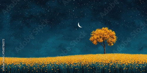 A lone yellow tree stands in a field of yellow flowers under a starry night sky with a crescent moon.