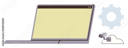 Open laptop with blank screen beside a gear icon and cloud icon connected to a surveillance camera. Ideal for technology, cloud computing, data security, innovation, online storage, automation