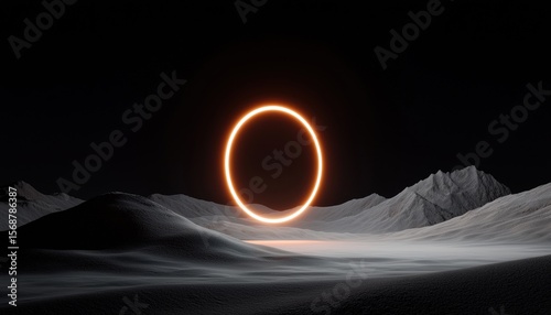A glowing orange ring hovers above a surreal, dark, mountainous landscape under a night sky.