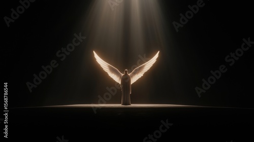 A glowing angel figure with wings stands in a spotlight, surrounded by darkness and illuminated beams from above.