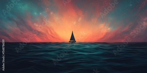 A lone sailboat drifts on a vibrant ocean beneath a dramatic, colorful sunset sky.