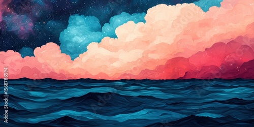 A colorful, artistic seascape featuring vibrant waves, dramatic clouds, and a starry night sky.
