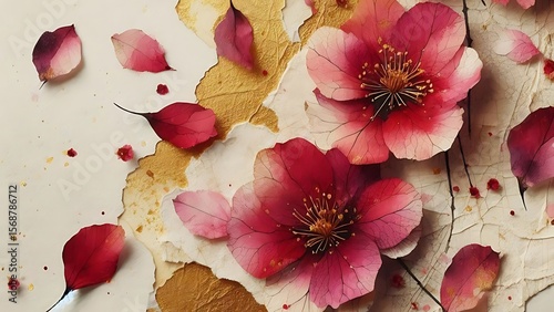 Delicate pressed flowers gold accents art piece