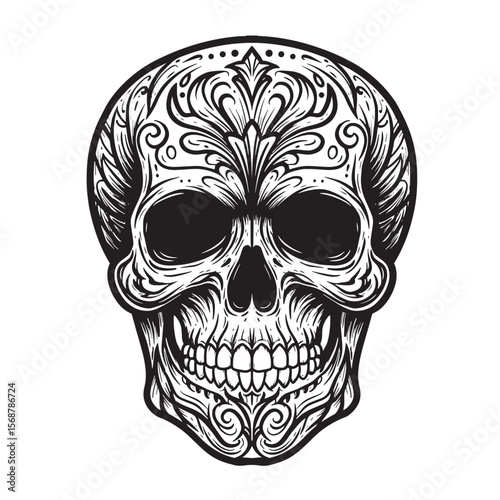 Intricate vintage art illustration of a detailed ornamental sugar skull for day of the dead celebration
