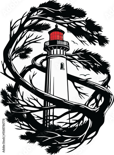 A striking lighthouse, a guiding beacon of architecture, stands tall on an island or coast, its tower against a white or black background, touching the sky and overlooking the vast sea or ocean