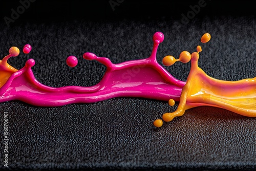 Colorful paint splash creates dynamic patterns against a dark surface during artistic creation process