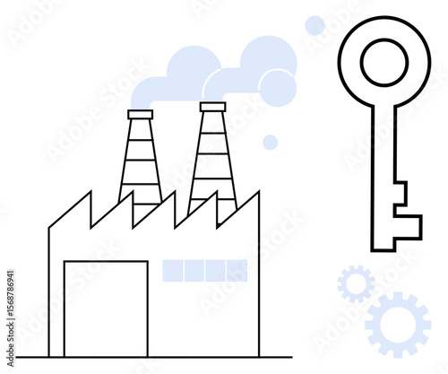 Factory building with two smokestacks emitting vapor alongside a large key and small gears. Ideal for industry, manufacturing, solutions, innovation, security, growth, sustainability. Clean simple