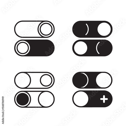 Minimalist toggle switch icons set depicting on off states and additional functions in a clean vintage art style