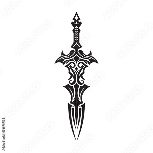Silhouette of Dagger isolated on a white background, Intricately detailed engraved illustration of a vintage art silhouette dagger on a clean white background