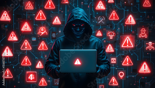 Darknet hacker holding laptop surrounded by digital warning icons in red exclamation signs on black background with alert and malware concept.