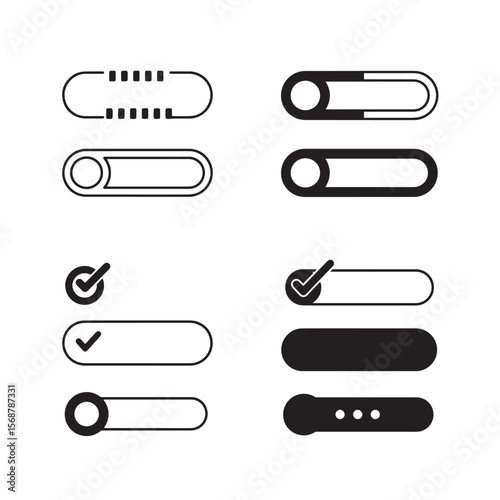 Set of user interface toggle switch buttons and ui elements in minimalist black and white vector style design